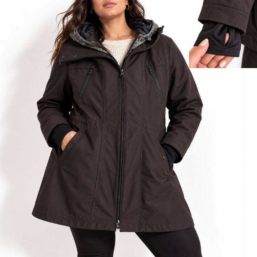 Nautica XL Hooded Winter Coat Black Water Resistant Parka Jacket Thumbholes